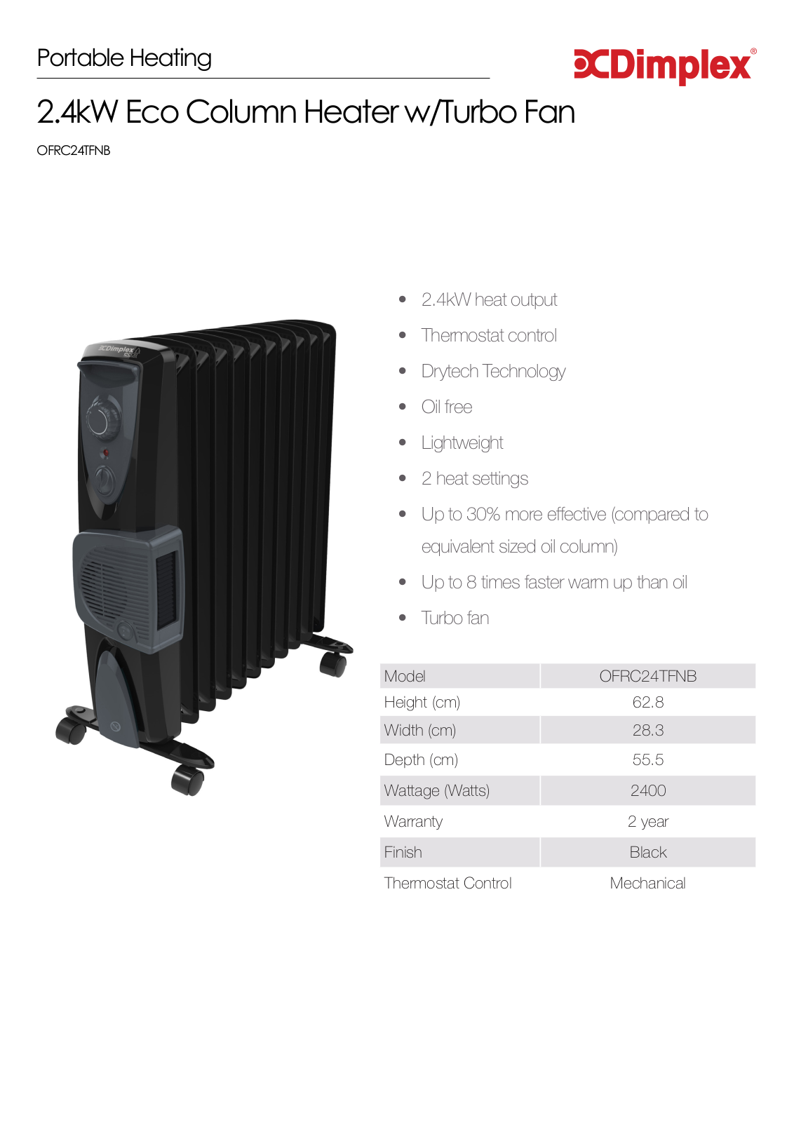 Dimplex OFRC24TFNB Specifications Sheet