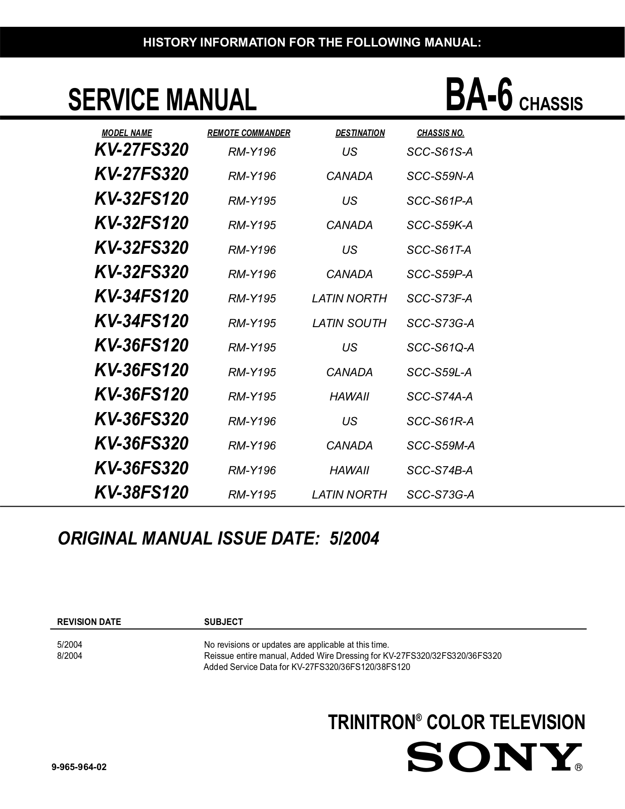 SONY KV-27FS320, KV-32FS120, KV-32FS320, KV-34FS120, KV-36FS120 Service Manual