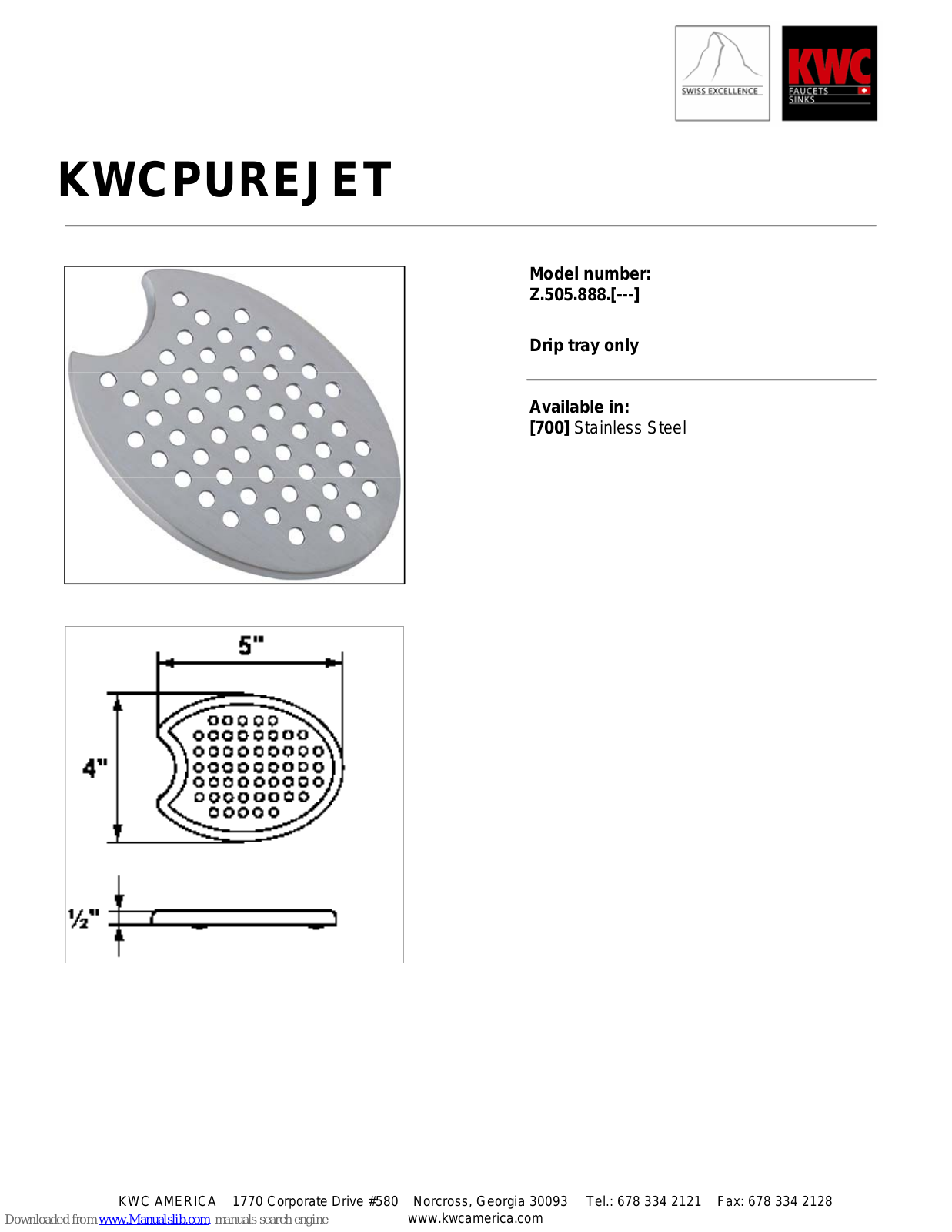 KWC PUREJET Z.505.888, PUREJET Z.505.888.700 Specification Sheet