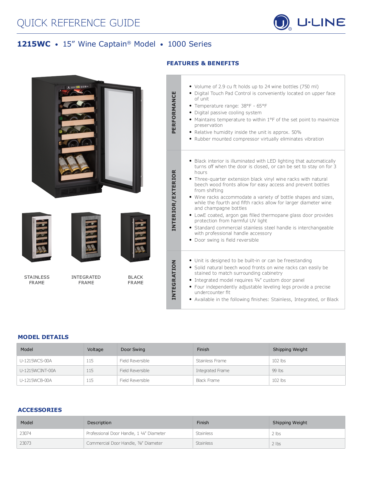 U-Line U-1215WCS-00A, U-1215WCINT-00A Specification Sheet