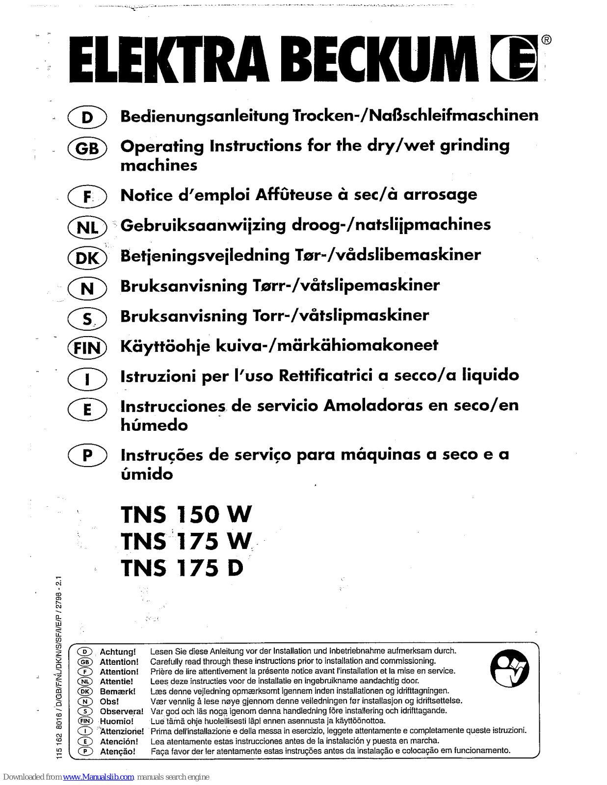 Elektra Beckum Dry/Wet Grinding Machines TNS 175 W, Dry/Wet Grinding Machines TNS 150 W, TNS 150 W, TNS 175 W, TNS 175 D Operating Instructions Manual