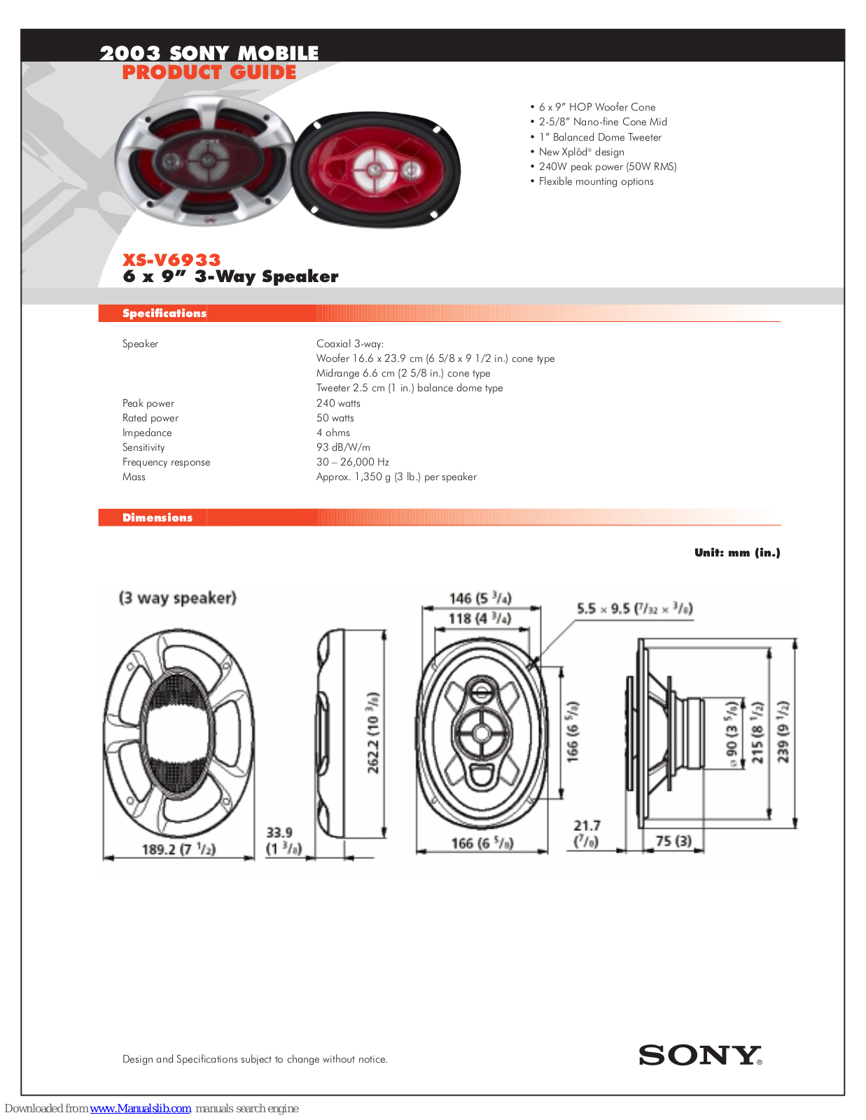 Sony XS-V6933 Marketing, VS-V6933 Product Manual