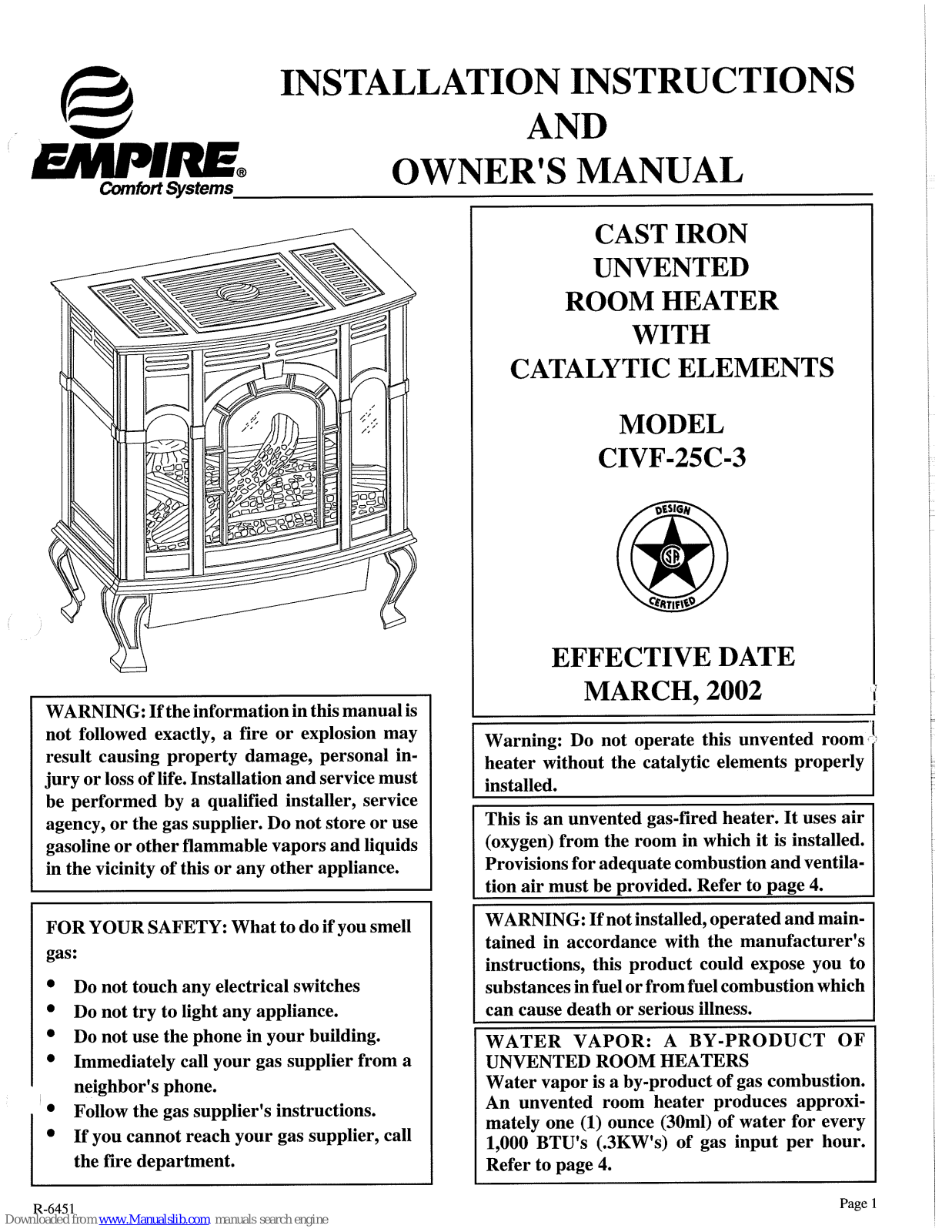 Empire CIVF-25C-3 Installation Instructions And Owner's Manual