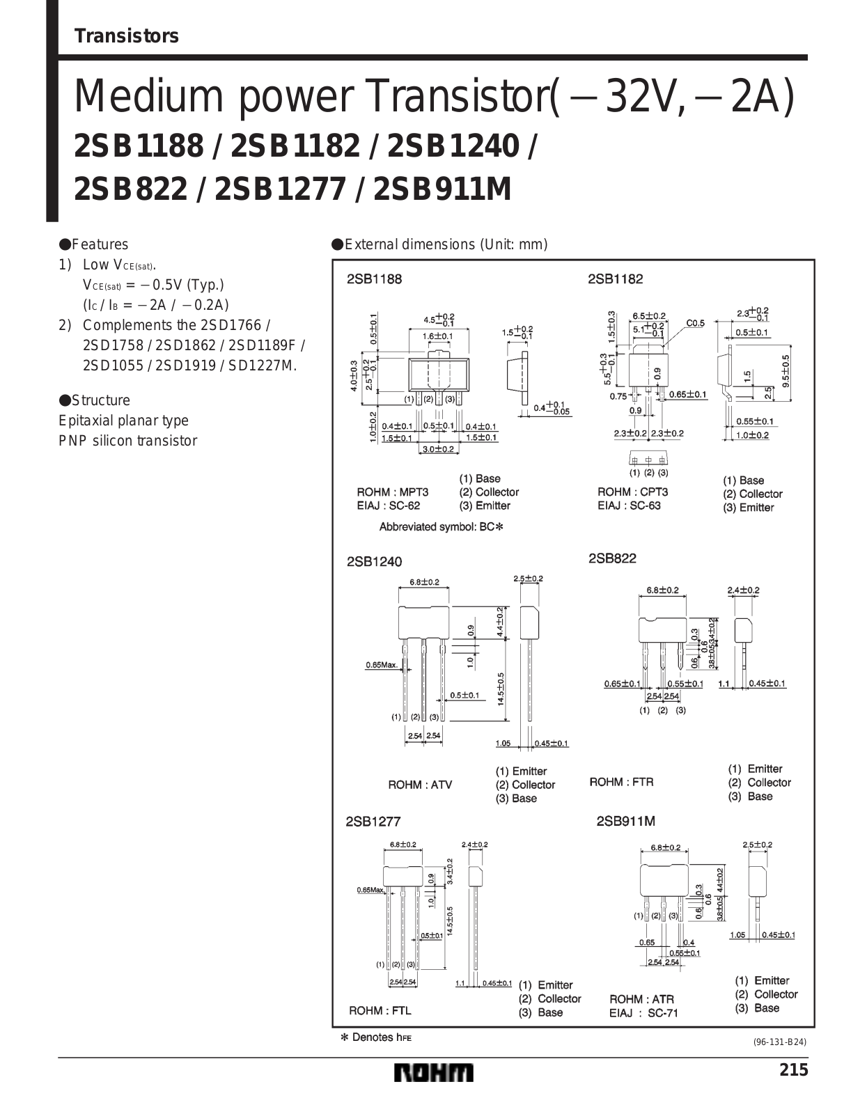 ROHM 2SB822, 2SB911M, 2SB1240, 2SB1182, 2SB1188 Datasheet