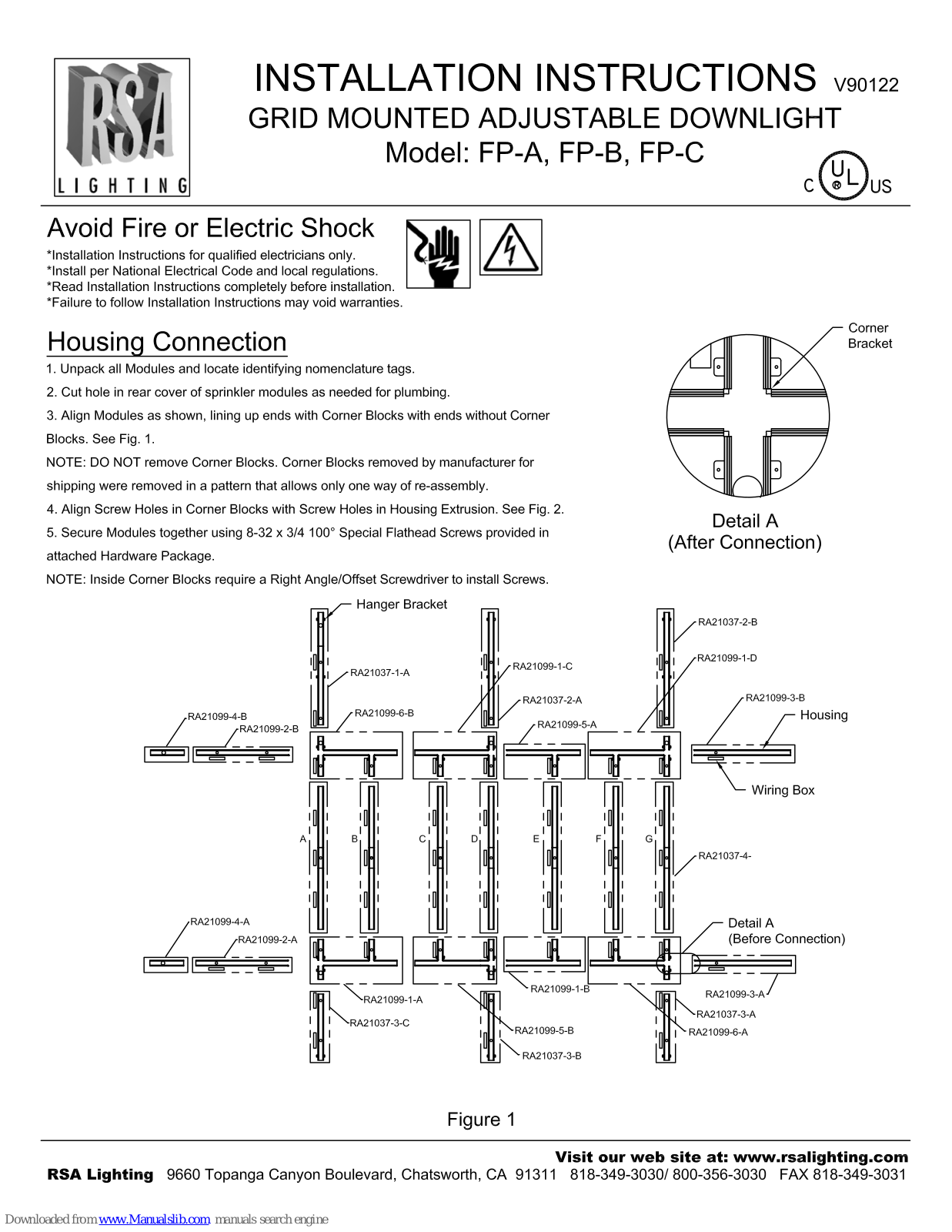 RSA Lighting Grid Mounted Adjustable Downlight FP-A, Grid Mounted Adjustable Downlight FP-B, Grid Mounted Adjustable Downlight FP-C, FP-A, FP-B Installation Instructions Manual