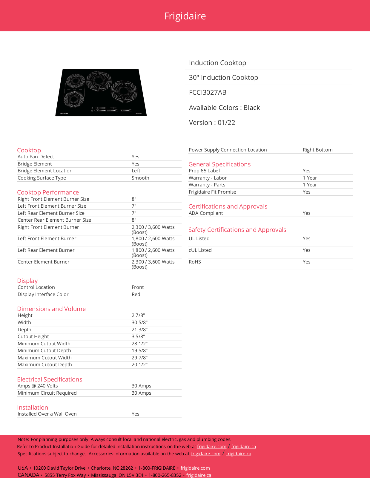 Frigidaire FCCI3027AB Specifications - ManualMachine.com