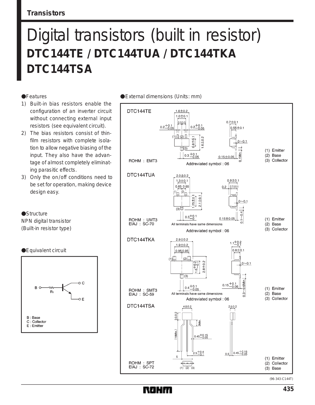 ROHM DTC144TUA, DTC144TSA, DTC144TKA Datasheet