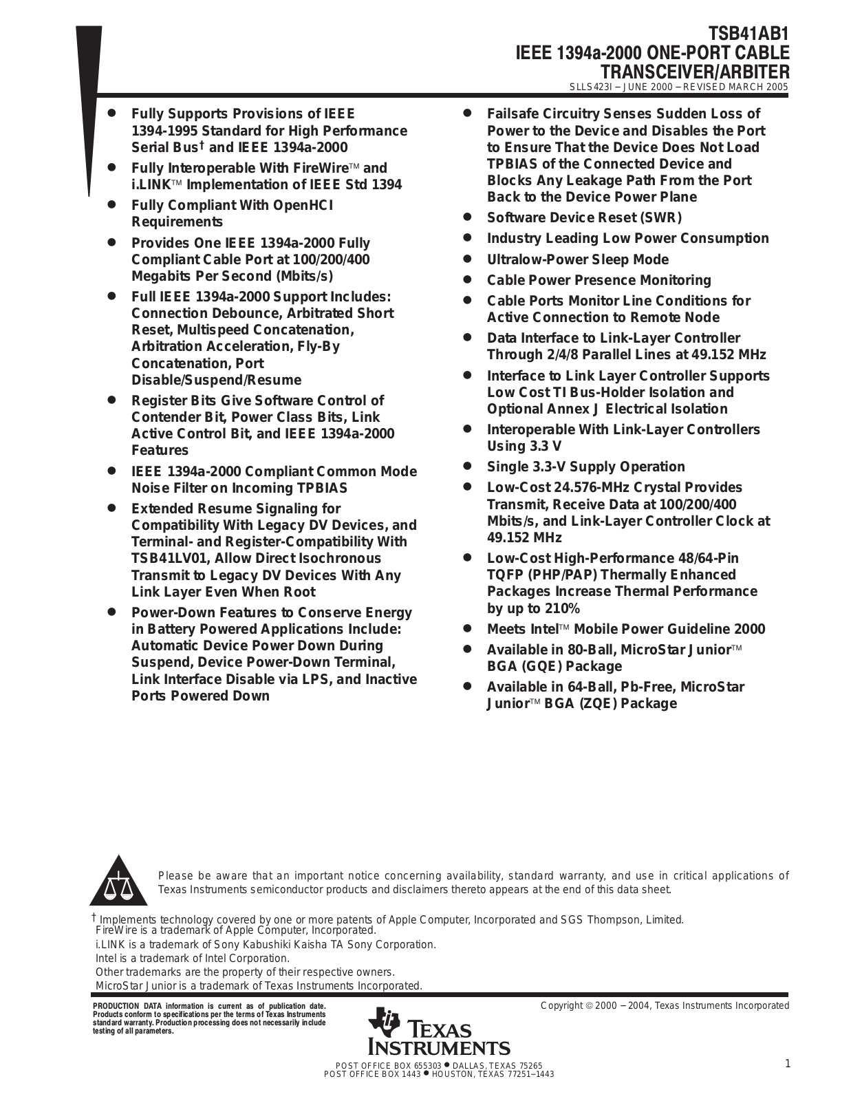 TEXAS INSTRUMENTS TSD41AB1 Technical data