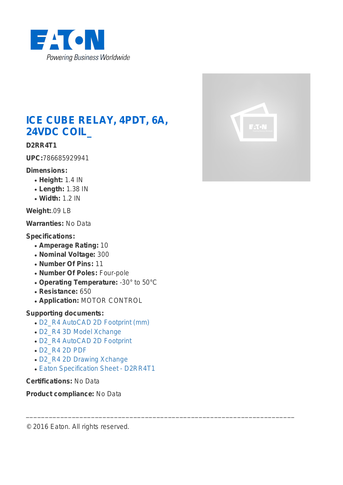 Cutler Hammer, Div of Eaton Corp D2RR4T1 Data Sheet