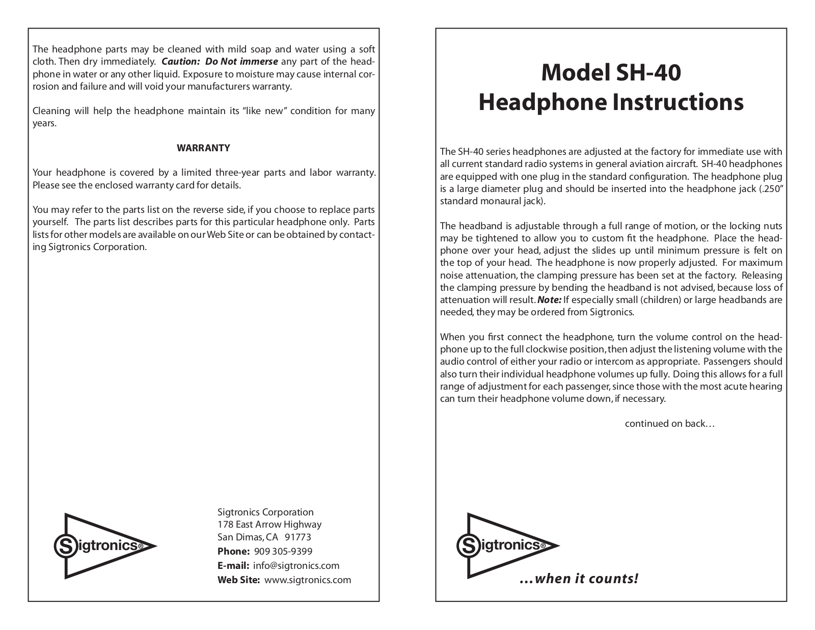 Sigtronics SH-40 User Manual