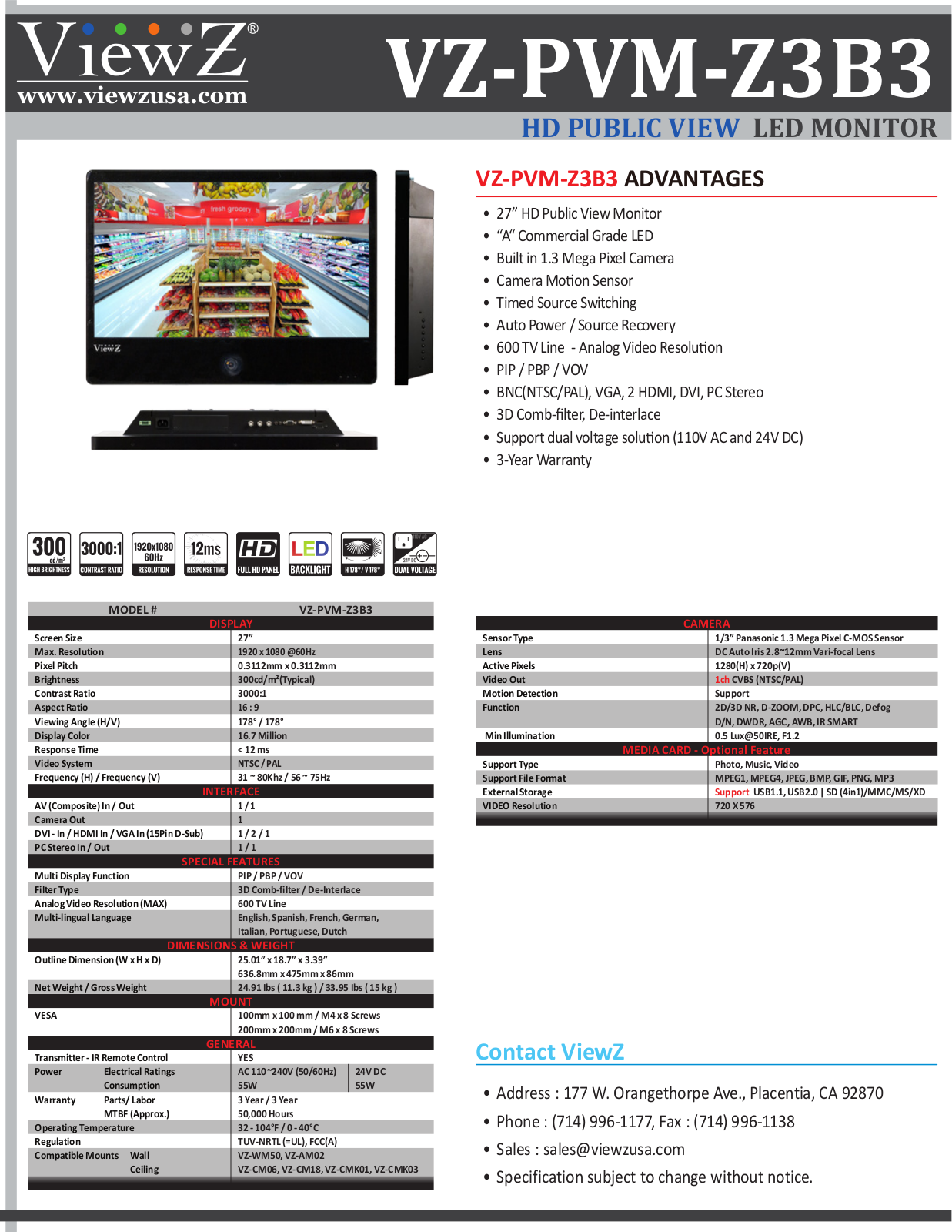 ViewZ VZ-PVM-Z3B3 Specsheet