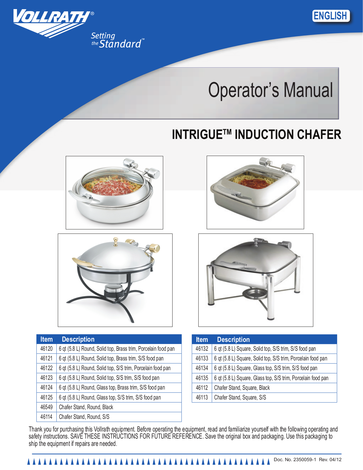 Vollrath 46125 Operators Manual