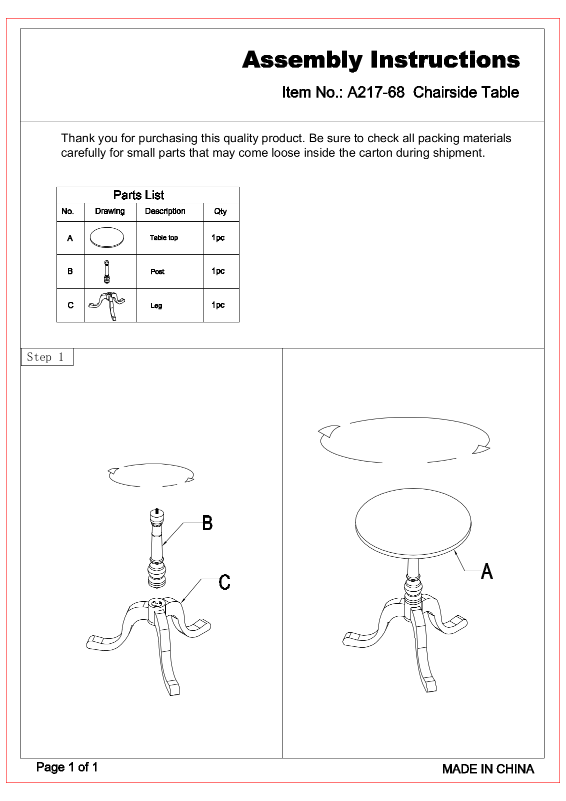 Progressive Furniture A21768 Assembly Guide