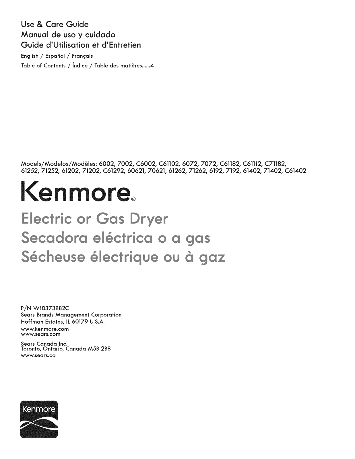 Kenmore 110C61182011, 110C61102011, 1107192312, 1107192311, 11071402312 Owner’s Manual