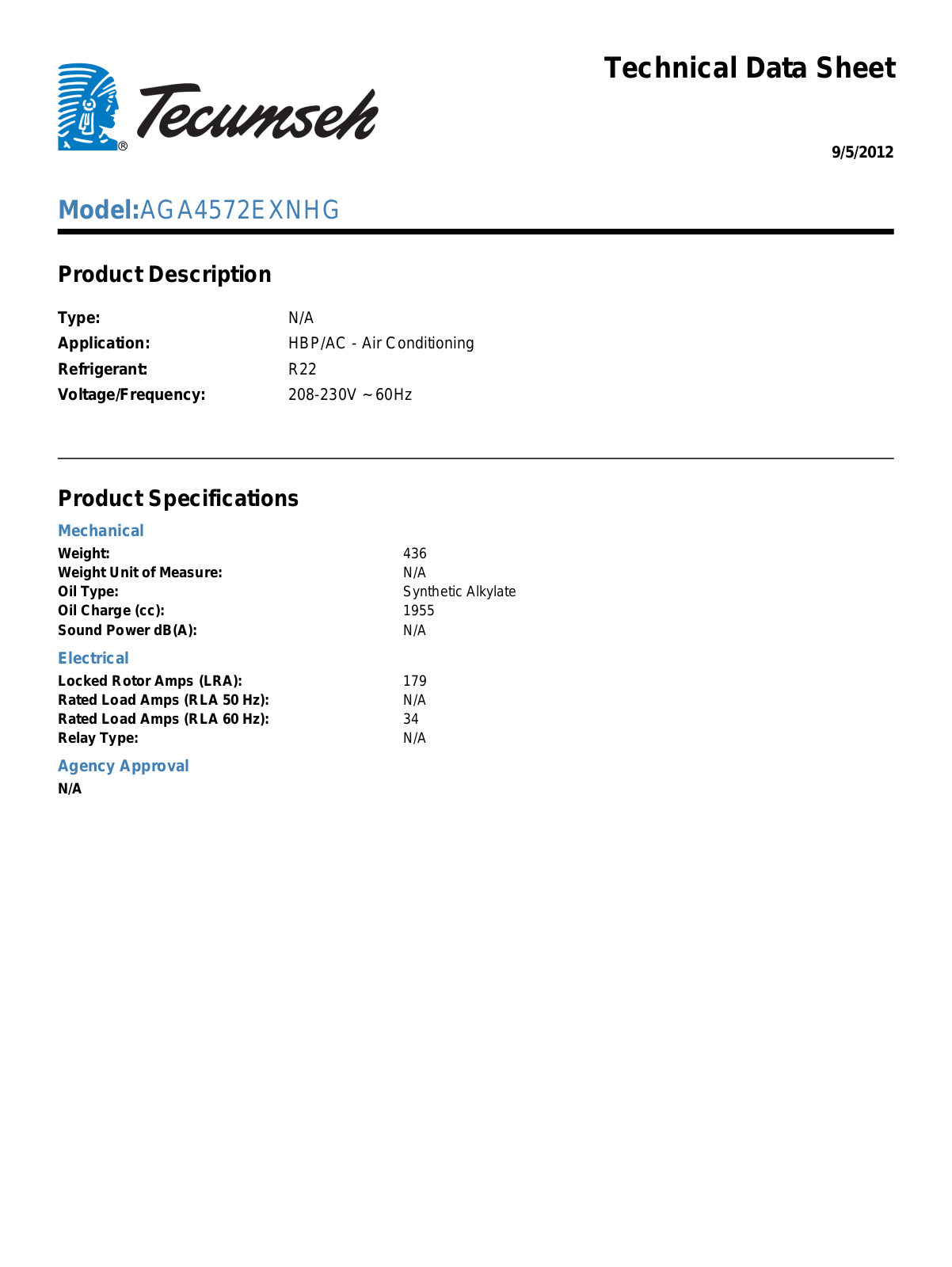 Tecumseh AGA4572EXNHG User Manual