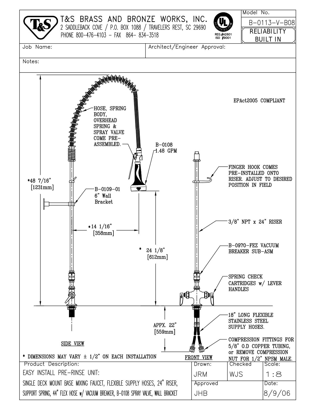 T&S Brass B-0113-V-B08 User Manual