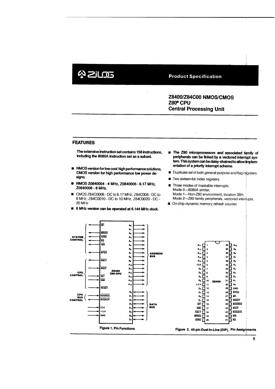 ZILOG Z84C0010PEC, Z84C0010VEC, Z84C0020FEC, Z84C0020PEC, Z84C0020VEC Datasheet
