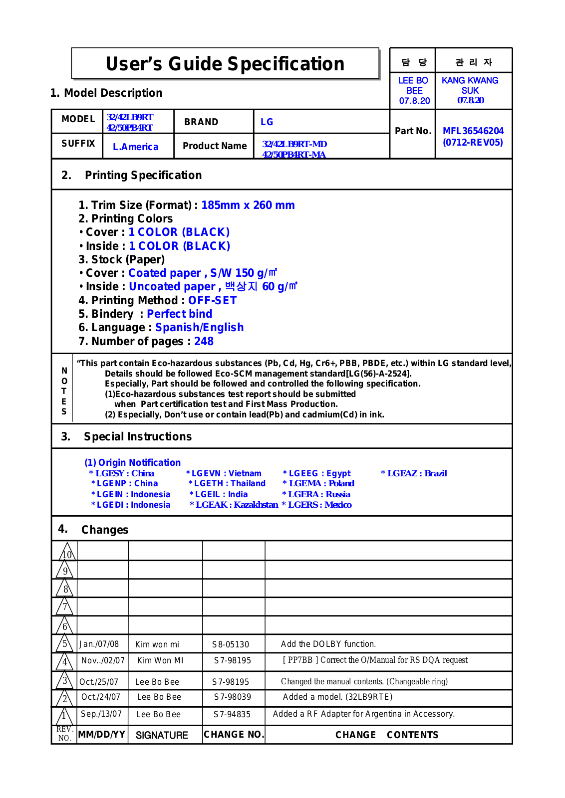 LG 42LB9RTE Owner's Manual