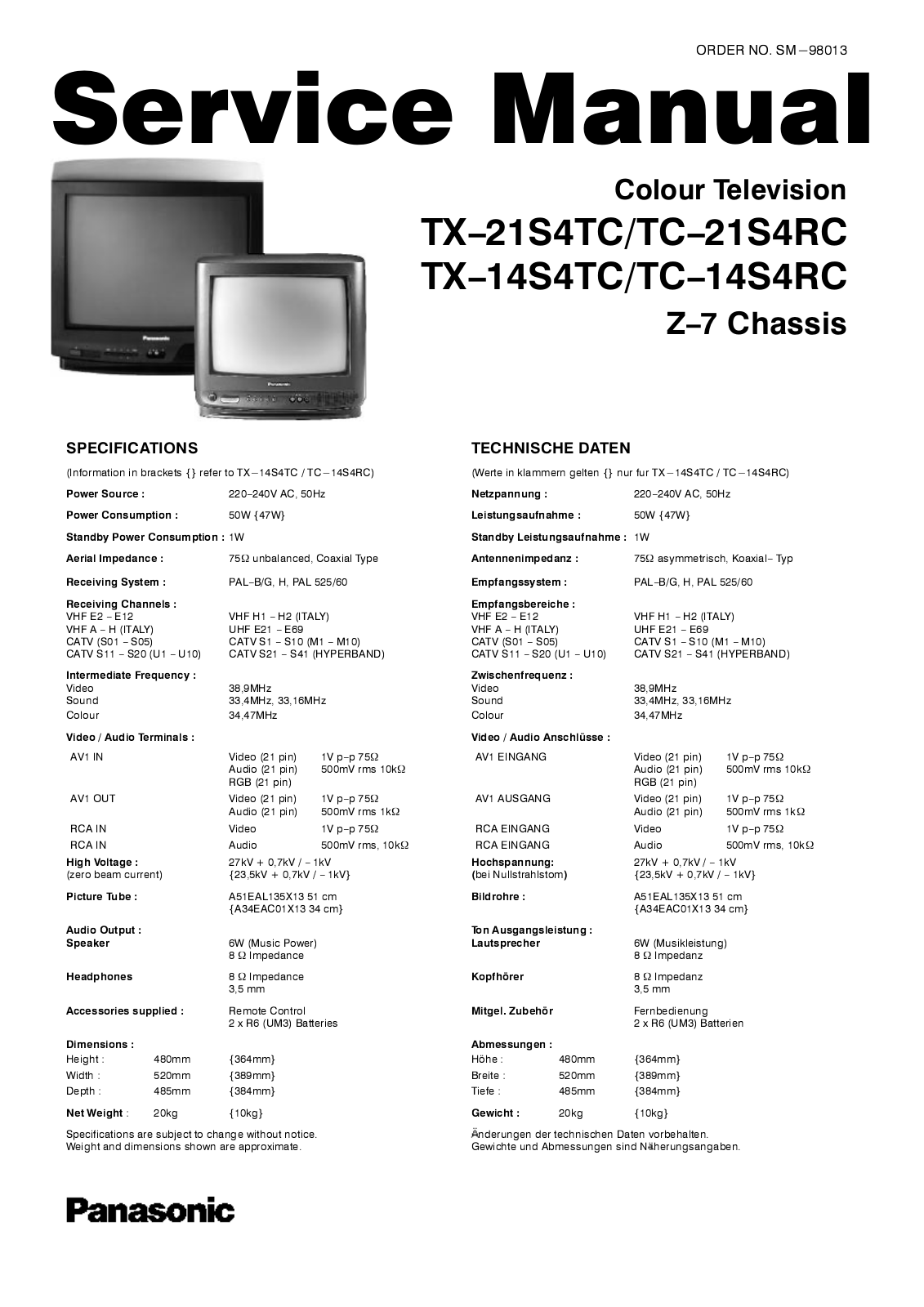 Panasonic Z 7 Tc 14s4rc Tx 14s4tc Tc 21s4rc Tx 21s4tc Service Manual