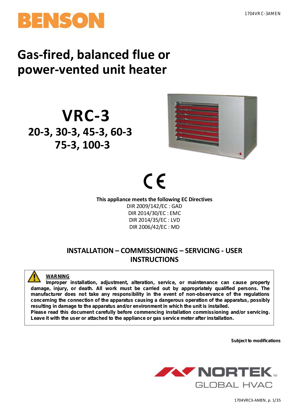 BENSON VRC-3 20-3, VRC-3 30-3, VRC-3 45-3, VRC-3 60-3, VRC-3 100-3 Installation, Service And User Instructions Manual - ManualMachine.com