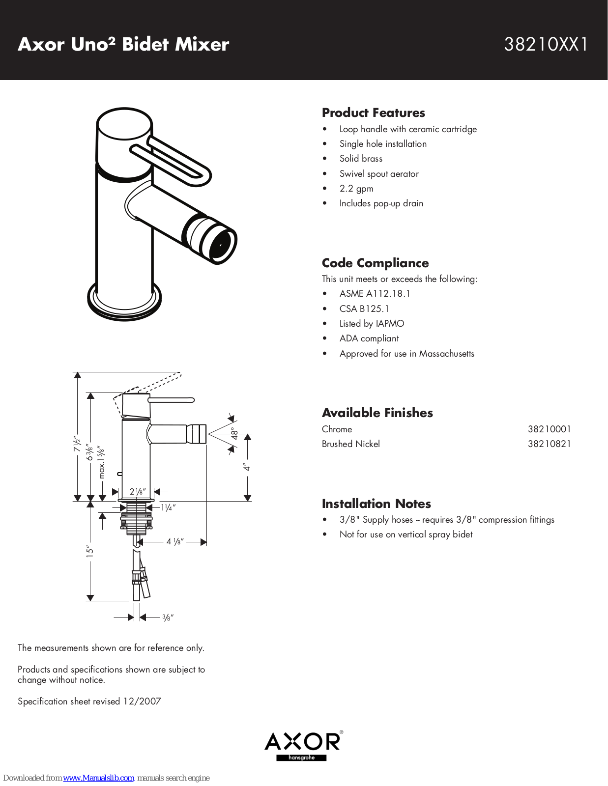 Axor 38210001, 38210821 Specification Sheet