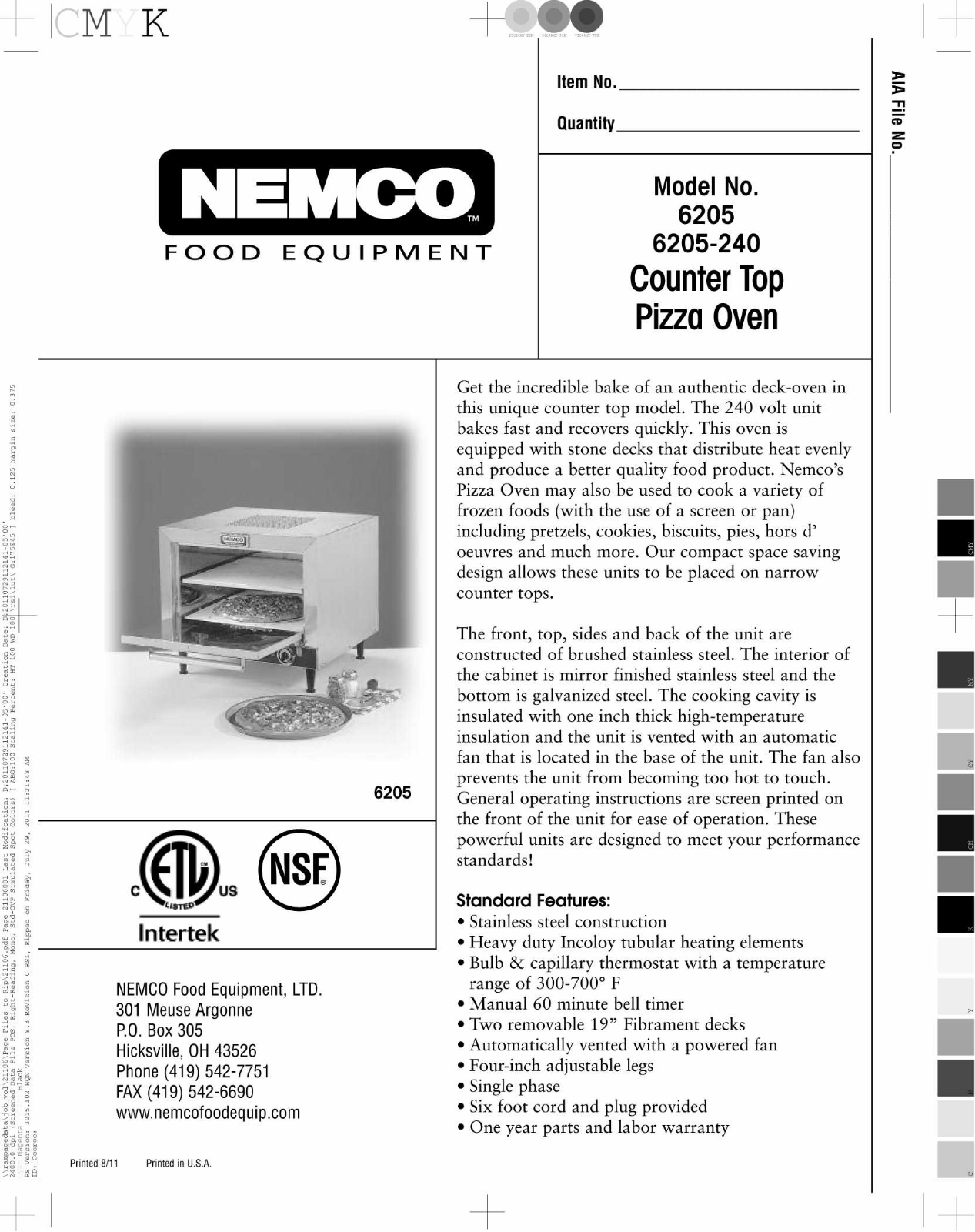 Nemco 6205240 Specifications