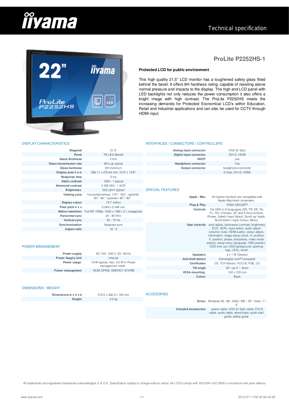 Iiyama P2252HS-B1 Product Data Sheet