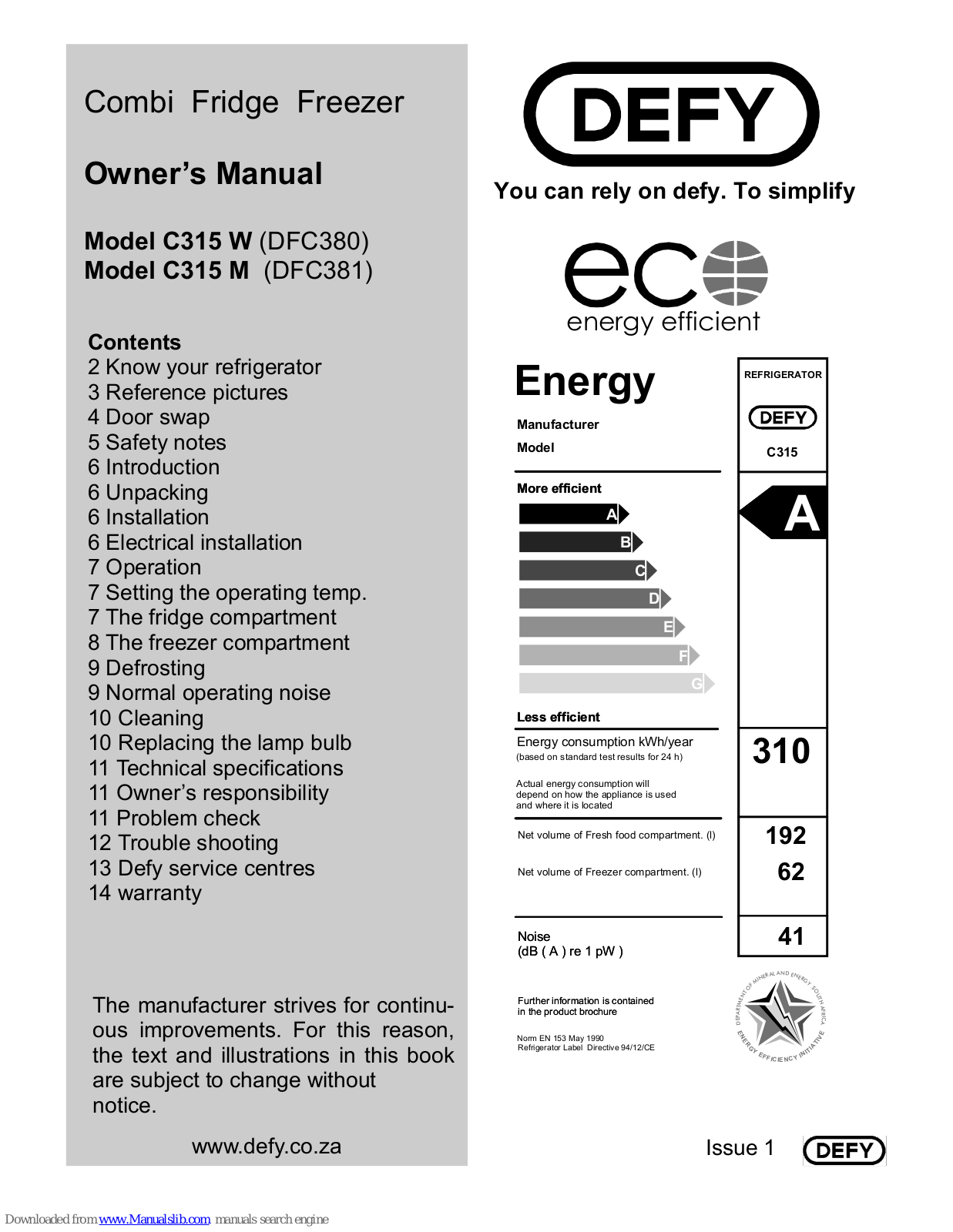 Defy C315 W Owner's Manual