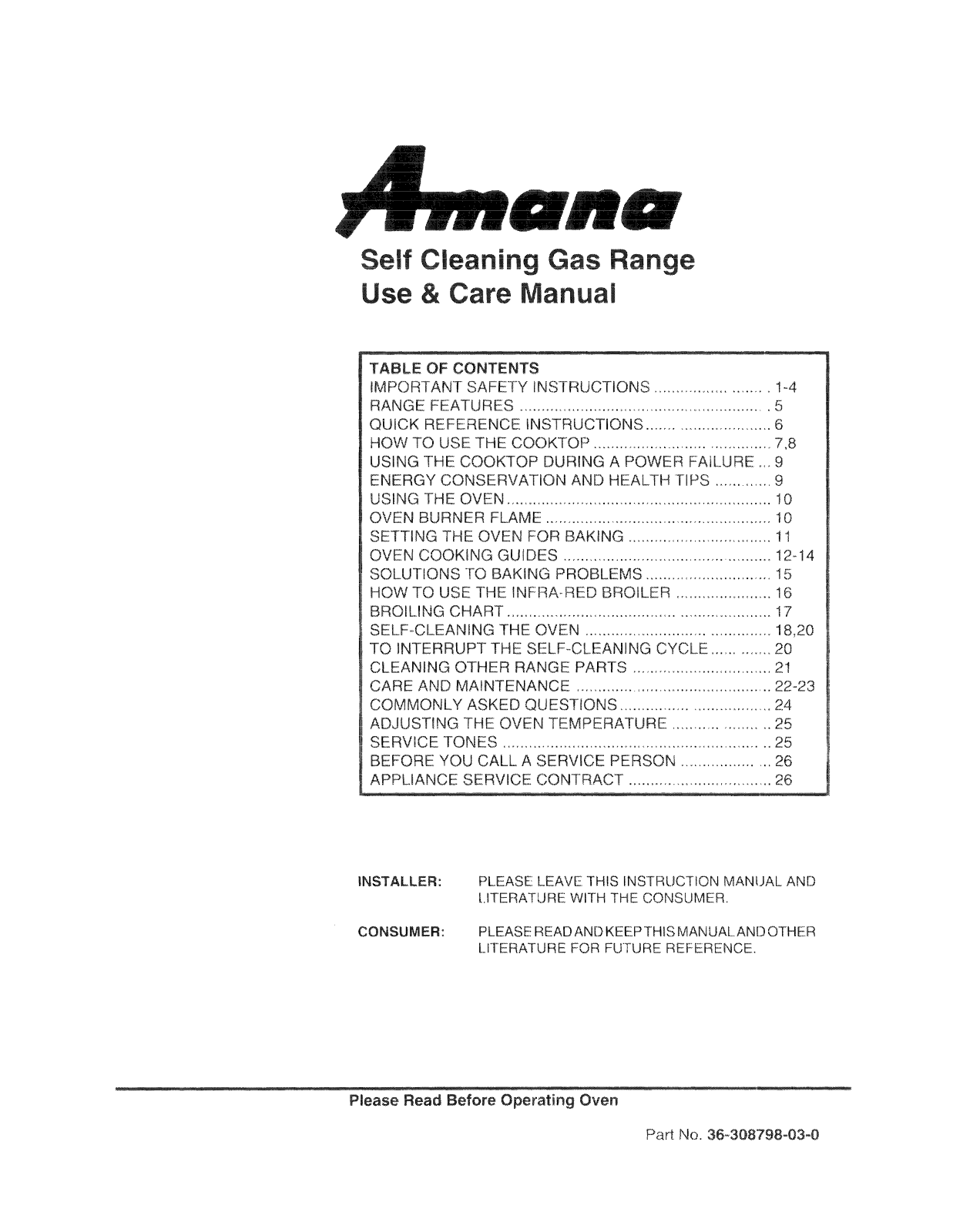 Amana Self Cleaning Gas Range, 36-308798-03-0 User Manual