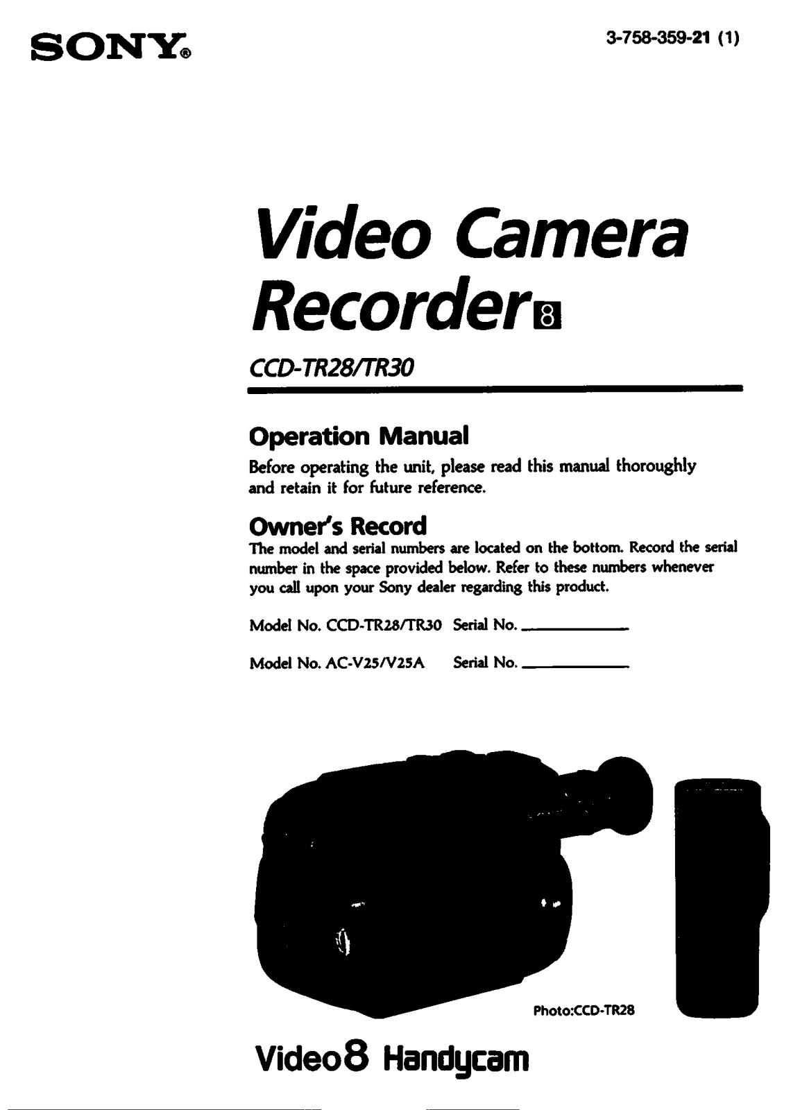 Sony CCD-TR28 User Manual