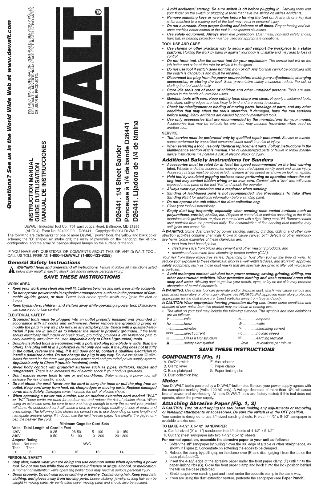 DeWalt D26441 TYPE 1 Owner’s Manual