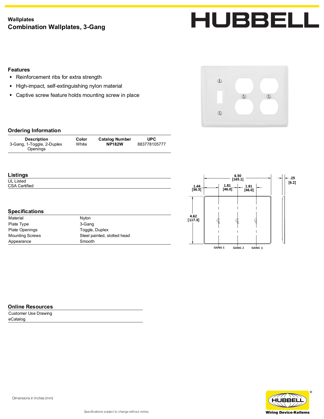 Hubbell NP182W Specifications