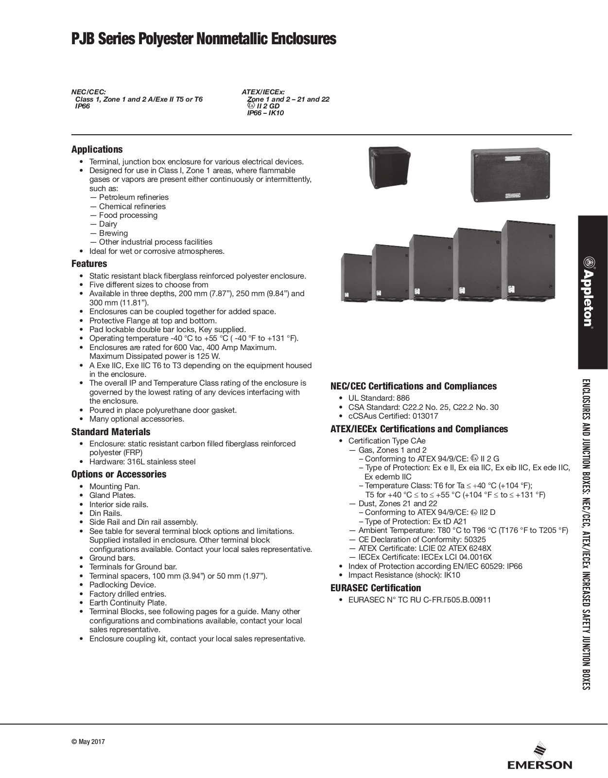 Appleton PJB Series Polyester Nonmetallic Enclosures Catalog Page