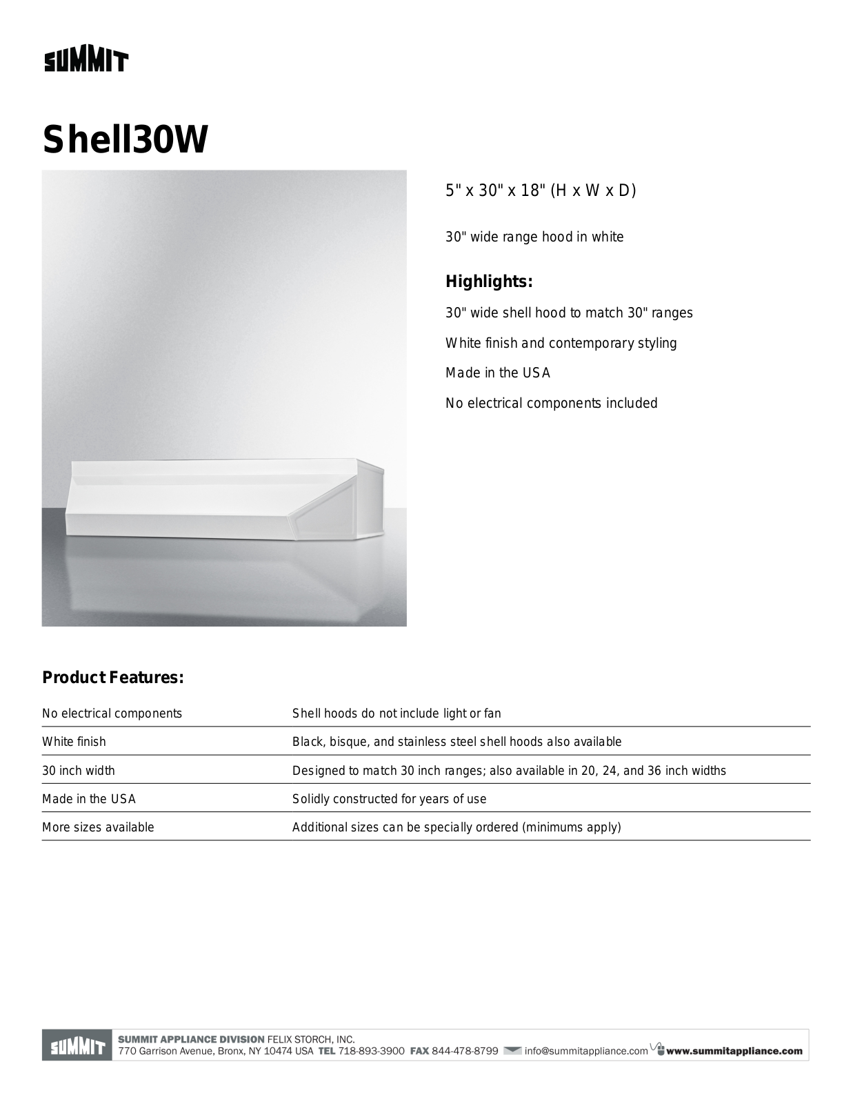 Summit SHELL30W Instruction Manual