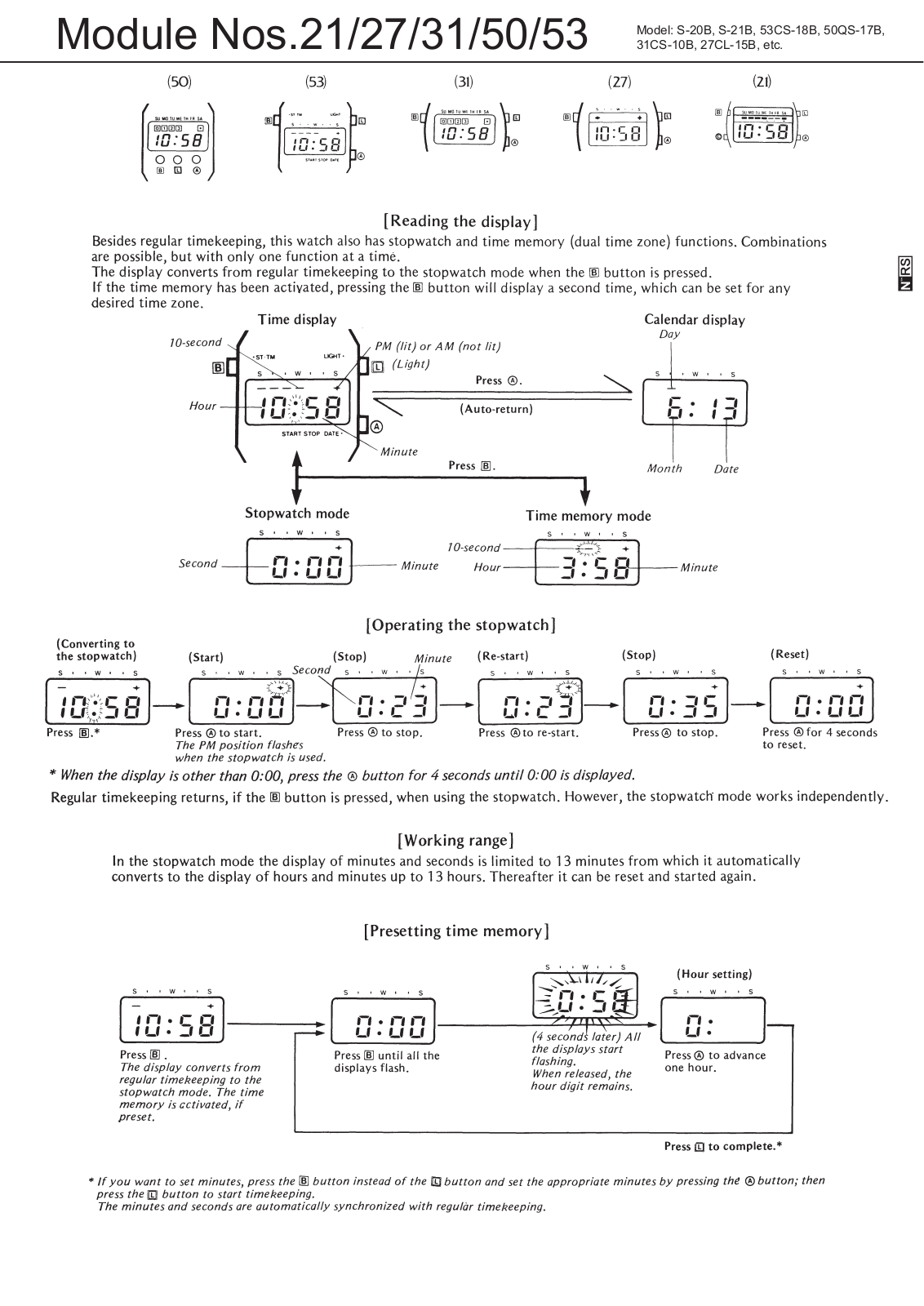 Casio S-20B, S-21B, 53CS-18B, 50QS-17B, 31CS-10B User Manual