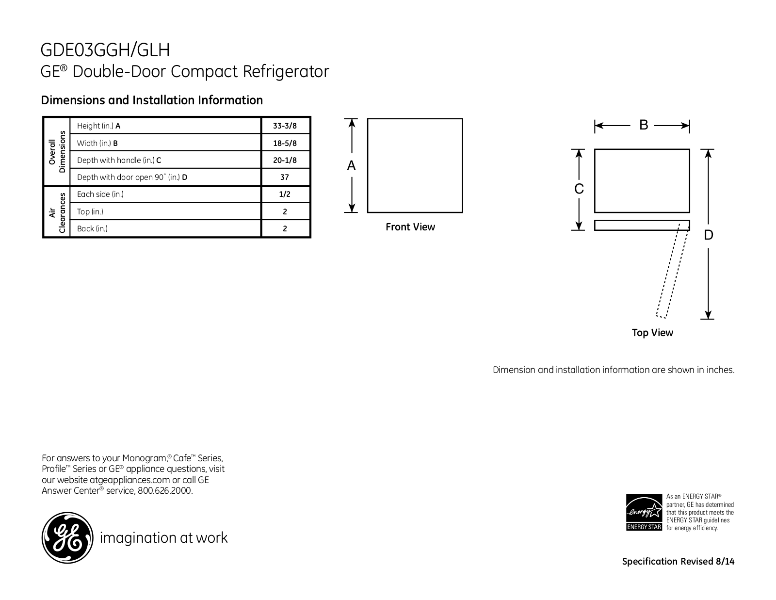 GE GDE03GGHBB, GDE03GLHLB, GDE03GGHWW Specification Sheet