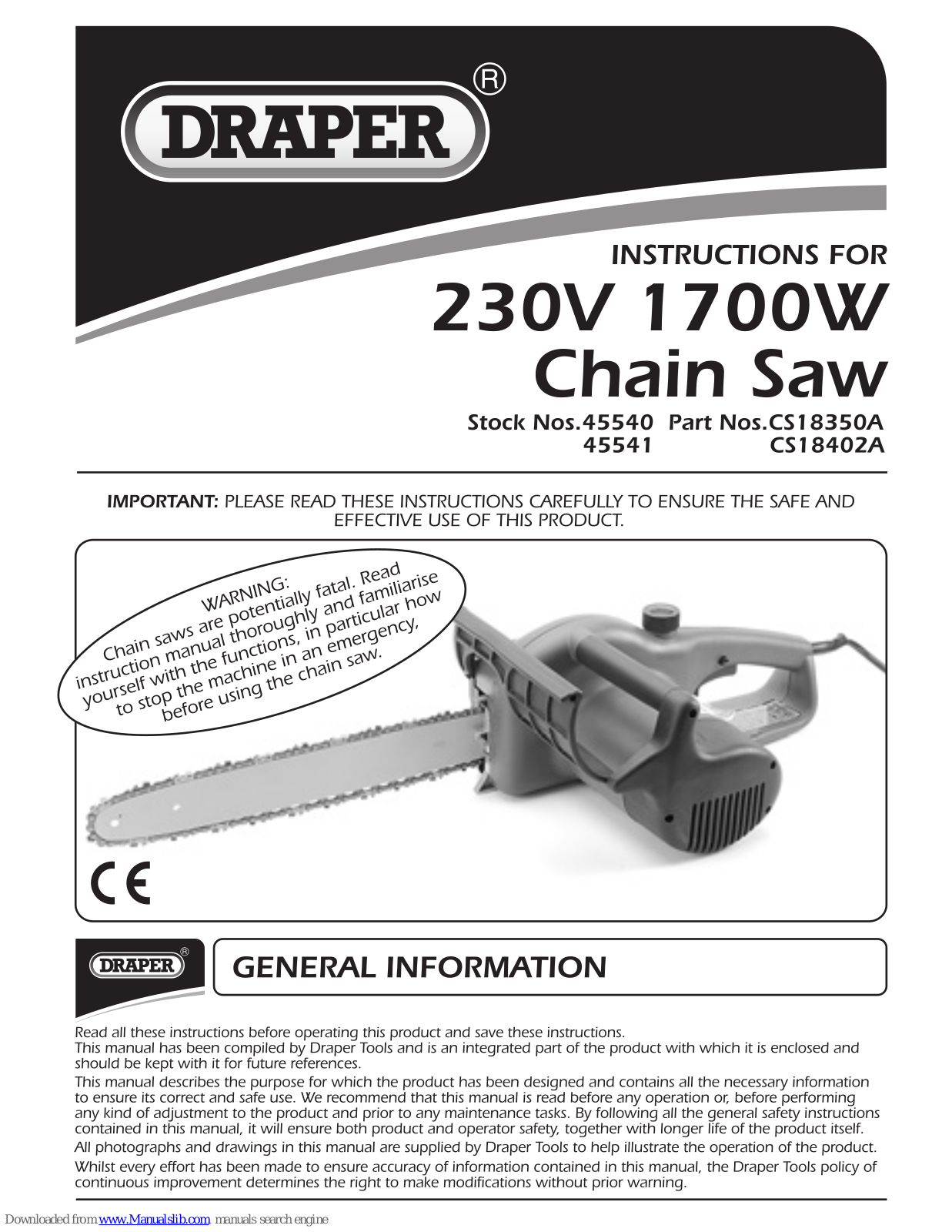 Draper CS18350A, CS18402A Instructions For - ManualMachine.com