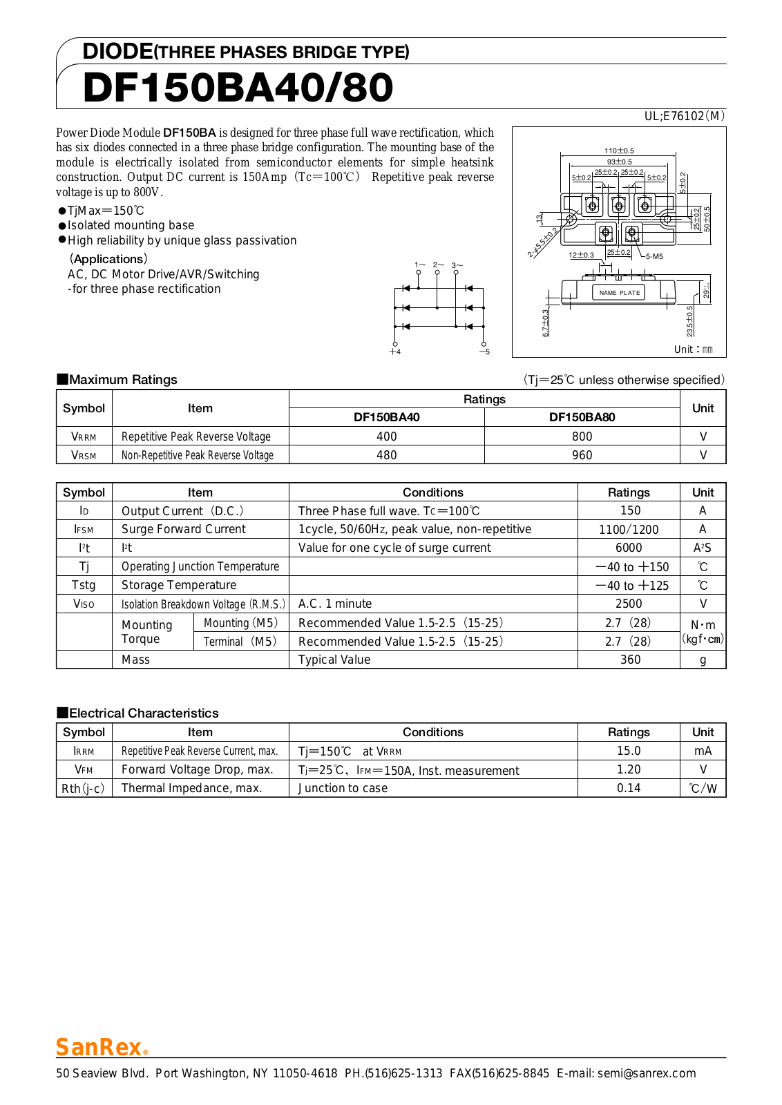 Sanrex-Sansha Electric Manufacturing DF150BA40, DF150BA80 Data Sheet