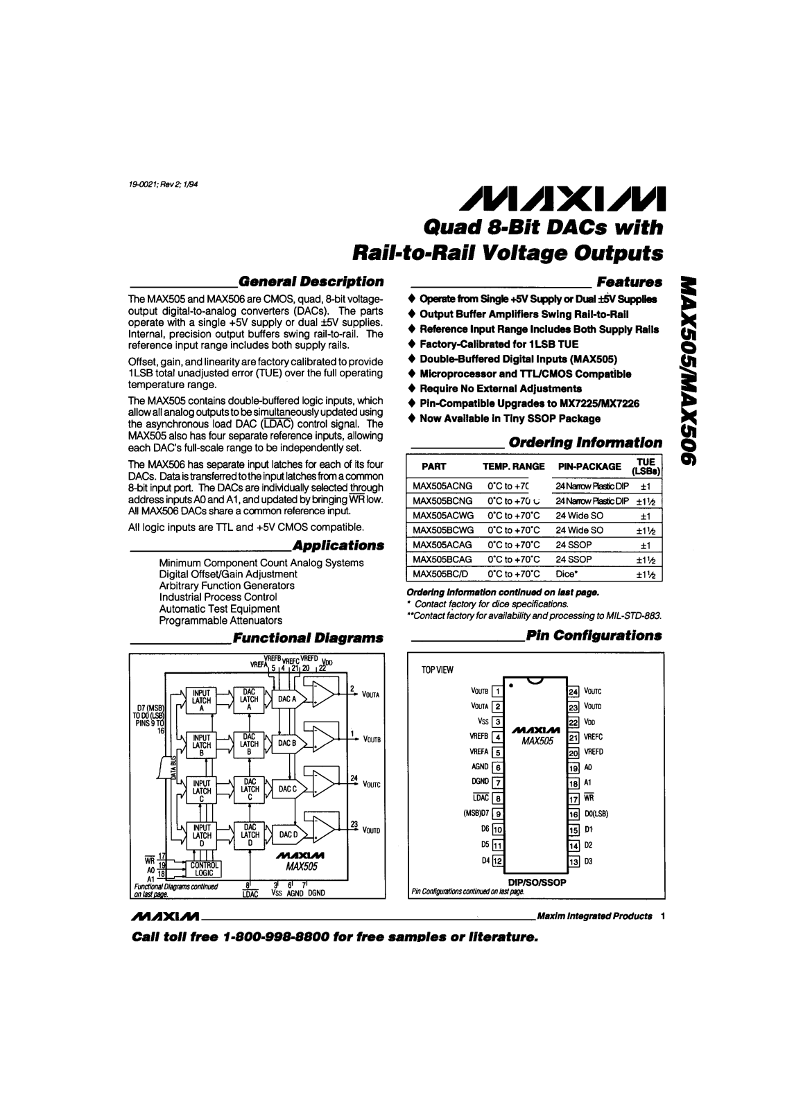 Maxim MAX505AEWG, MAX505AENG, MAX505AEAG, MAX505ACWG, MAX505ACNG Datasheet