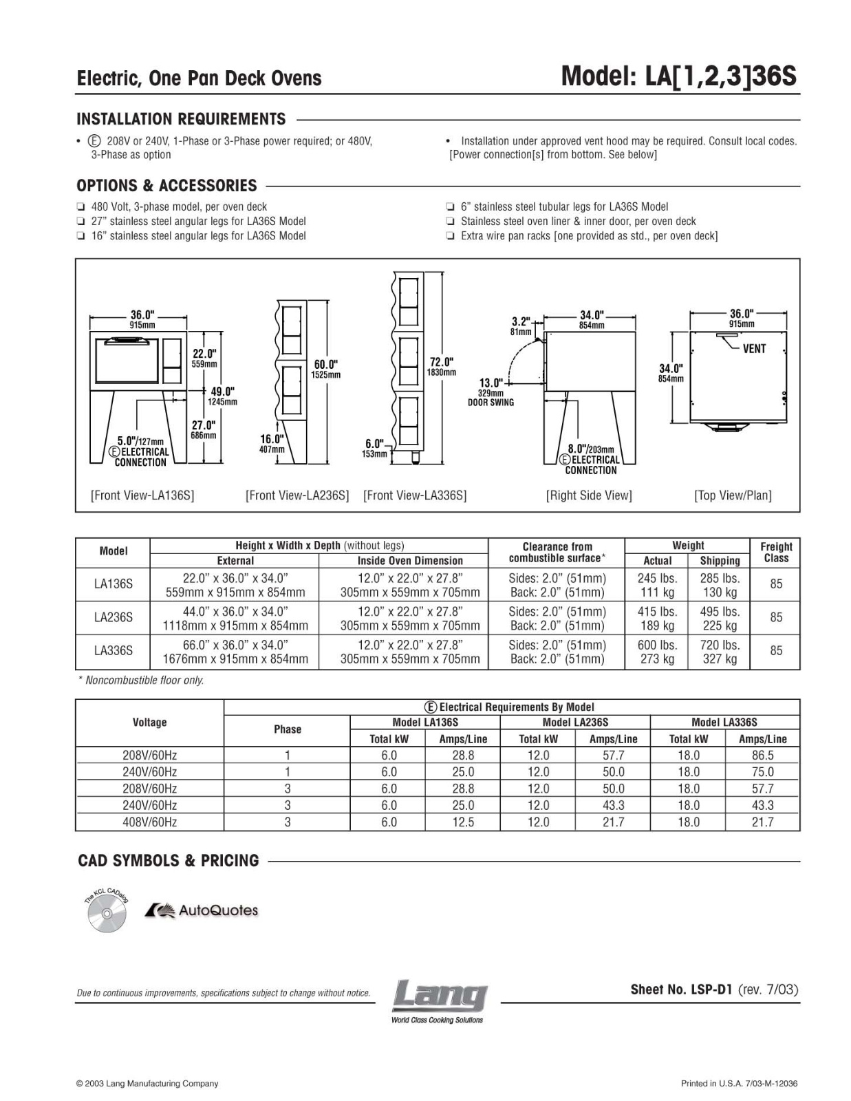 Lang LA136S General Manual