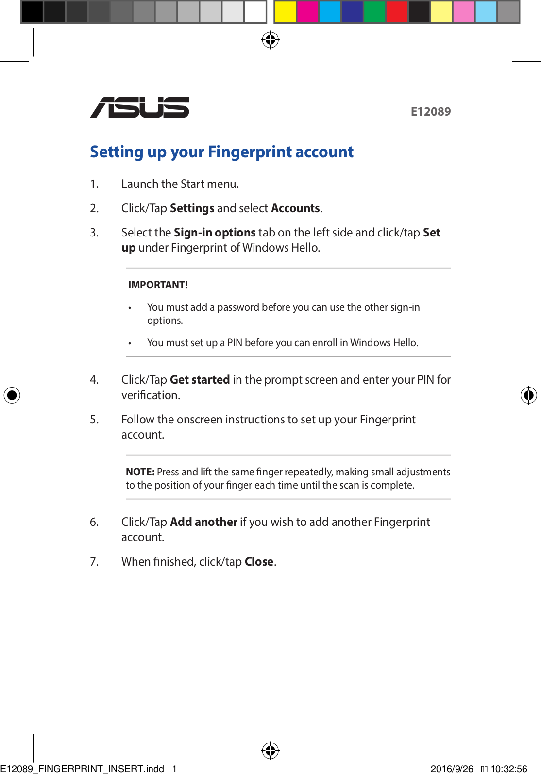 Asus UX390UA Fingerprint Identification Setting