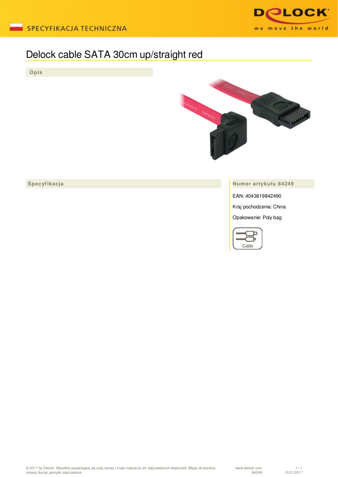 DeLOCK SATA cable red 0.3m User Manual