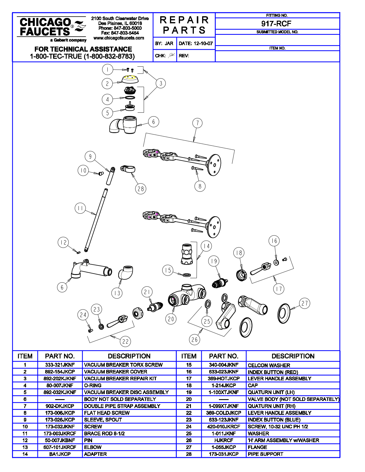 Chicago Faucet 917-RCF Parts List