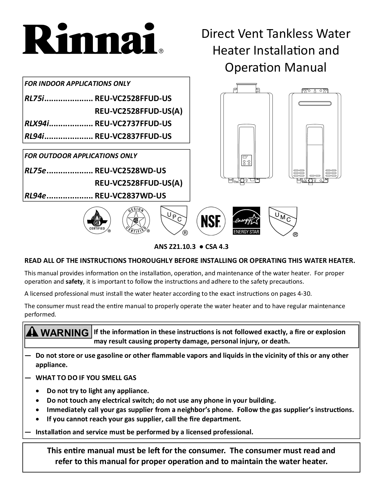 Rinnai RL75e (REU-VC2528WD-US), RL75i (REU-VC2528FFUD-US), RL94e (REU-VC2837WD-US), RL94i (REU-VC2837FFUD-US), RLX94i (REU-VC2737FFUD-US) Installation and Operation Manual