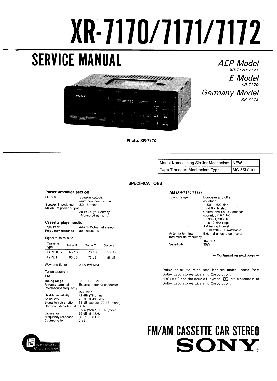 Sony XR-7170 Service manual