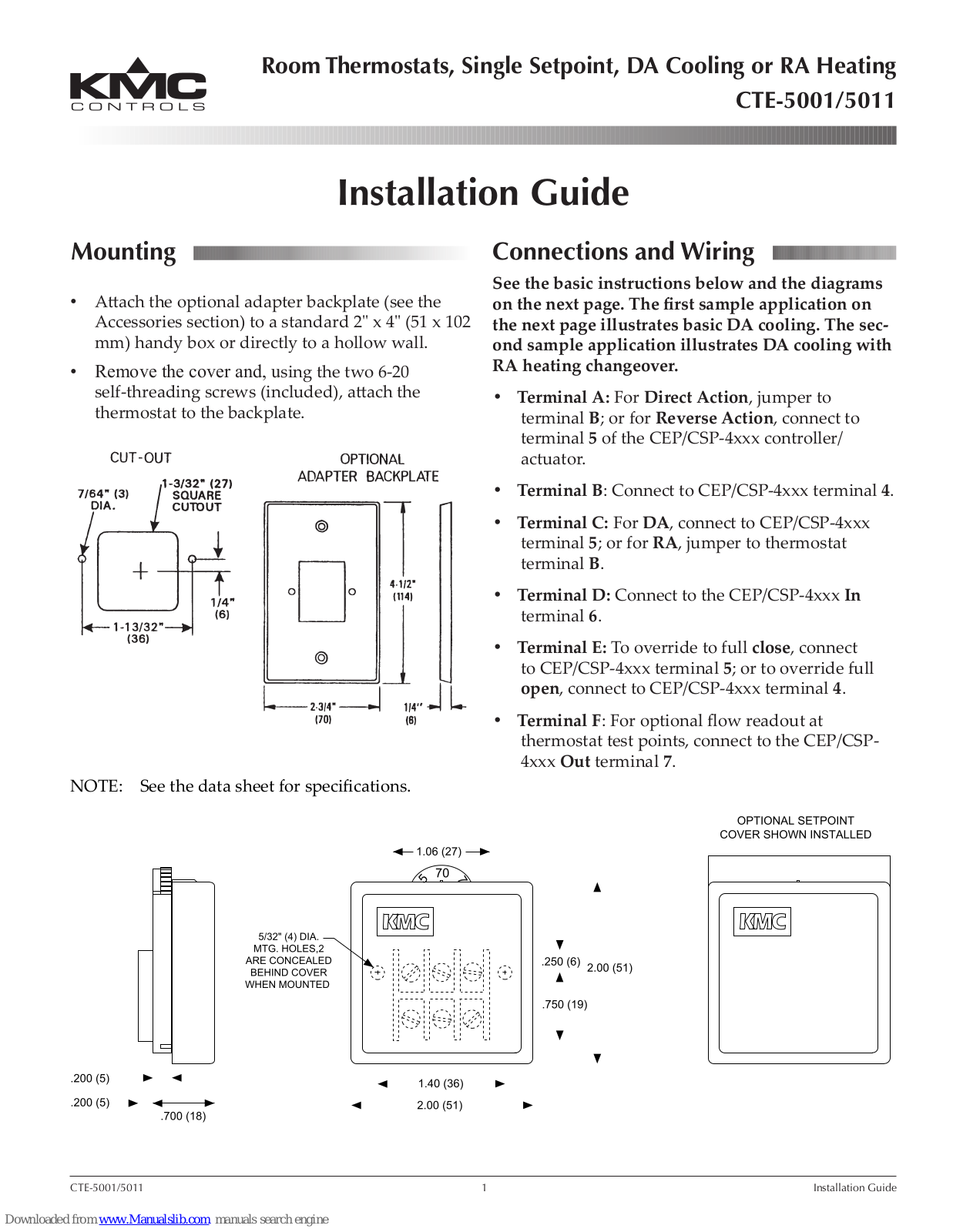 KMC Controls CTE-5001, CTE-5011 Installation Manual / Instruction Manual