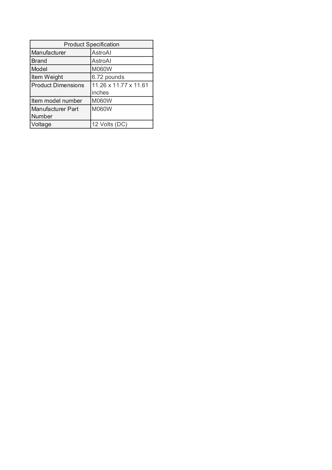 AstroAI AHRO1001 Specifications - ManualMachine.com