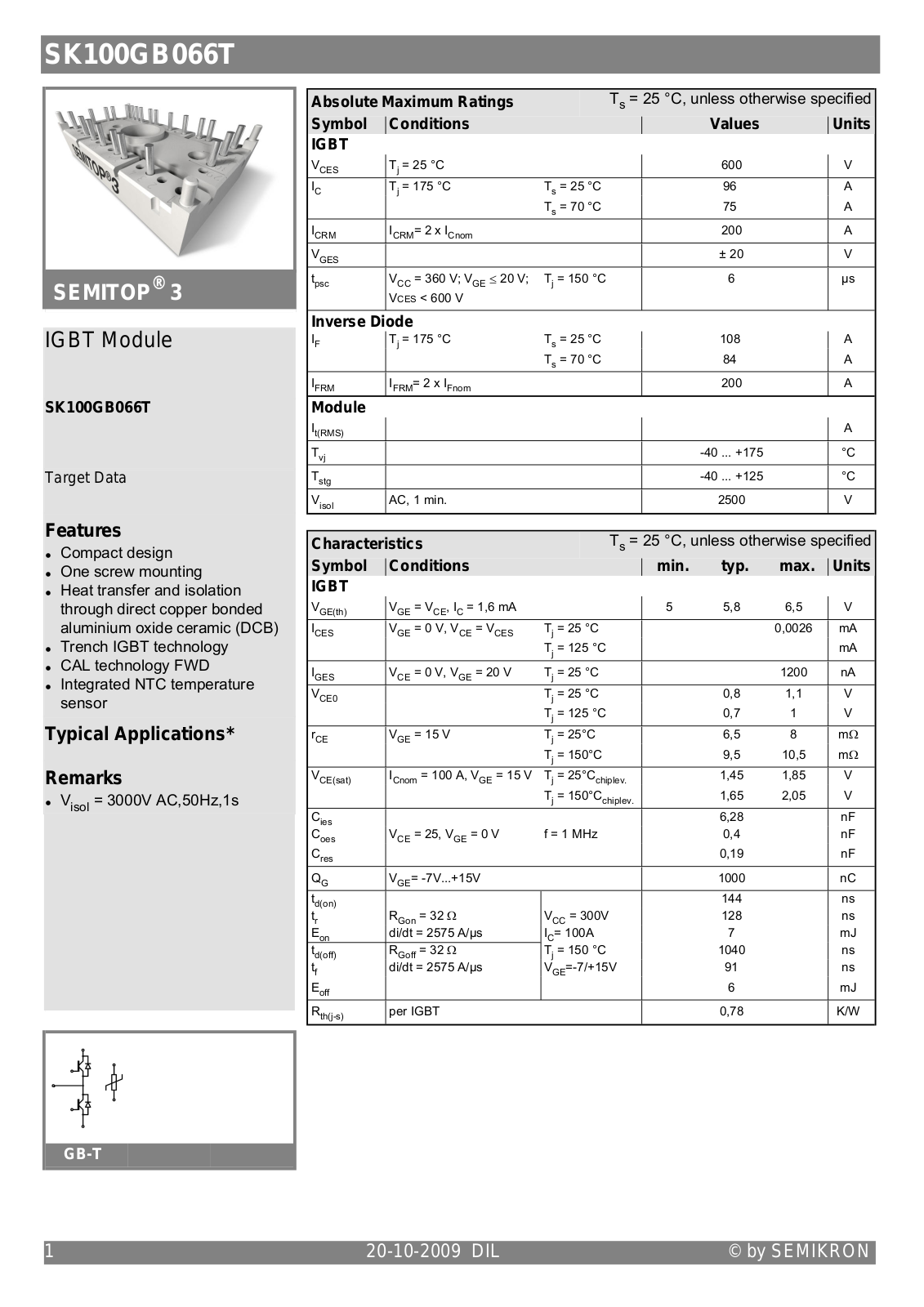 Semikron SK100GB066T Data Sheet