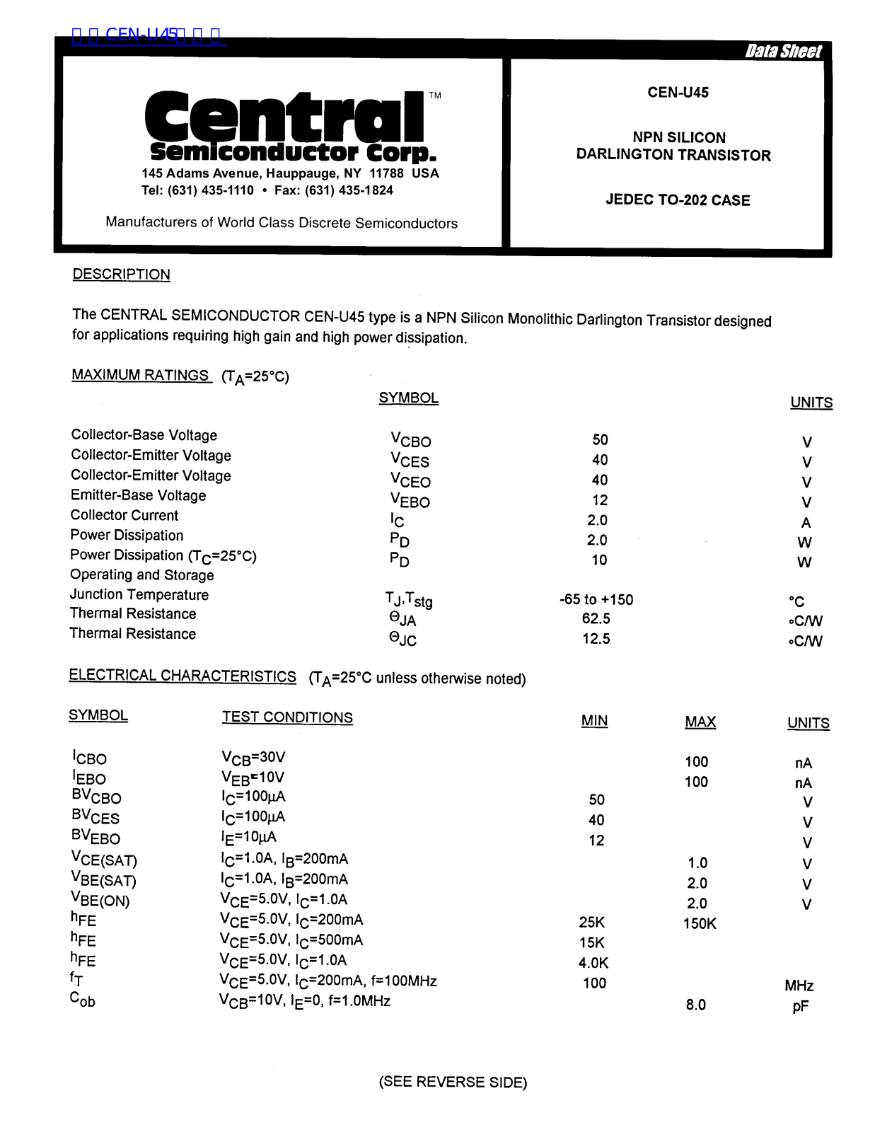 Central CEN-U45 Service Manual