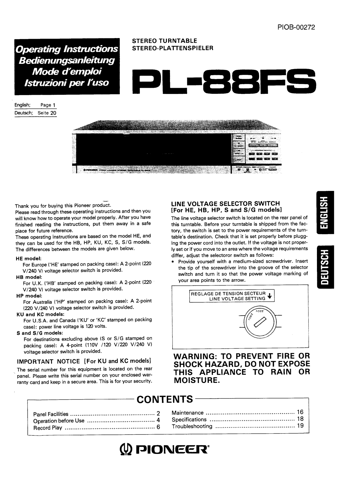 Pioneer PL-88-FS Owners manual